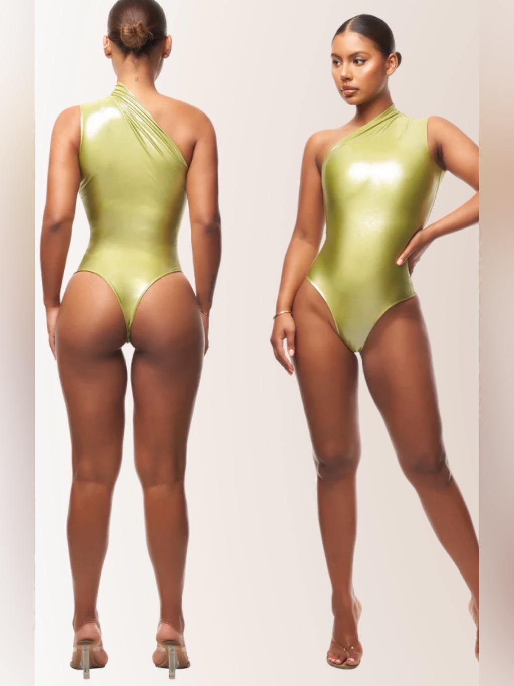 Nwt Coucoo Jami Bodysuit Kalamansi Ice Shimmer Green One Shoulder Top X — image 2 of 8